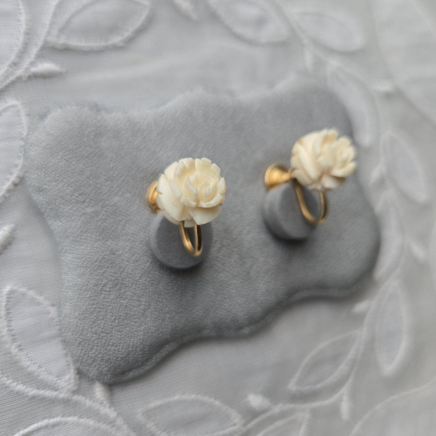 Clip on - Carved Bone White Rose Clip On Earrings