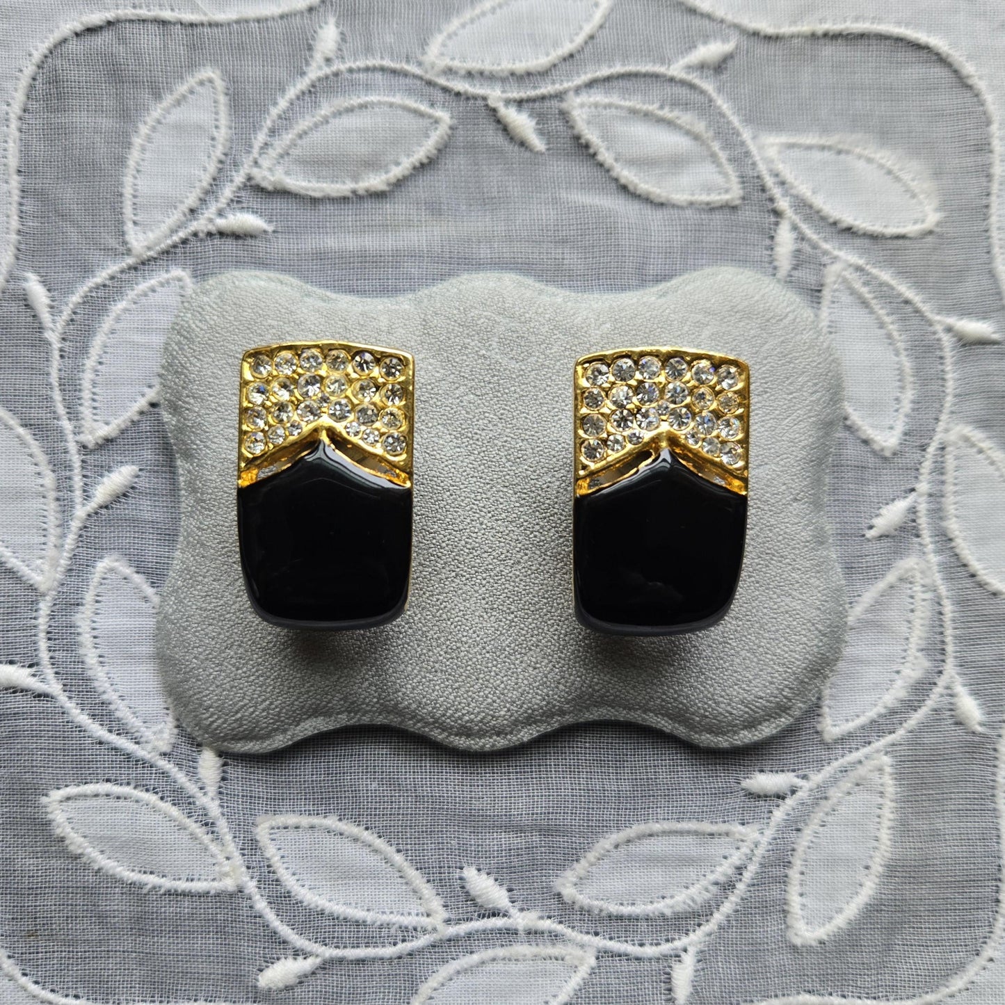 Clip on - Black Enamel and Clear Crystals Clip On Earrings