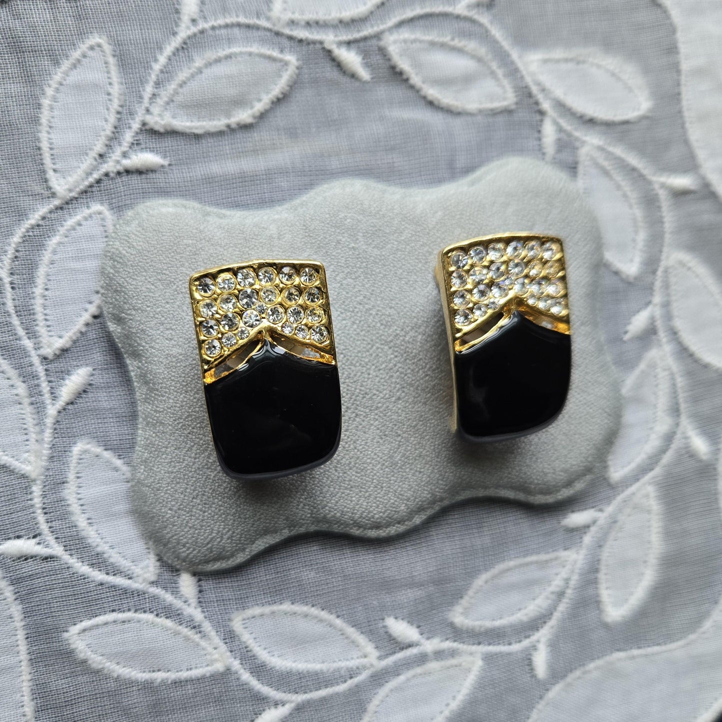 Clip on - Black Enamel and Clear Crystals Clip On Earrings