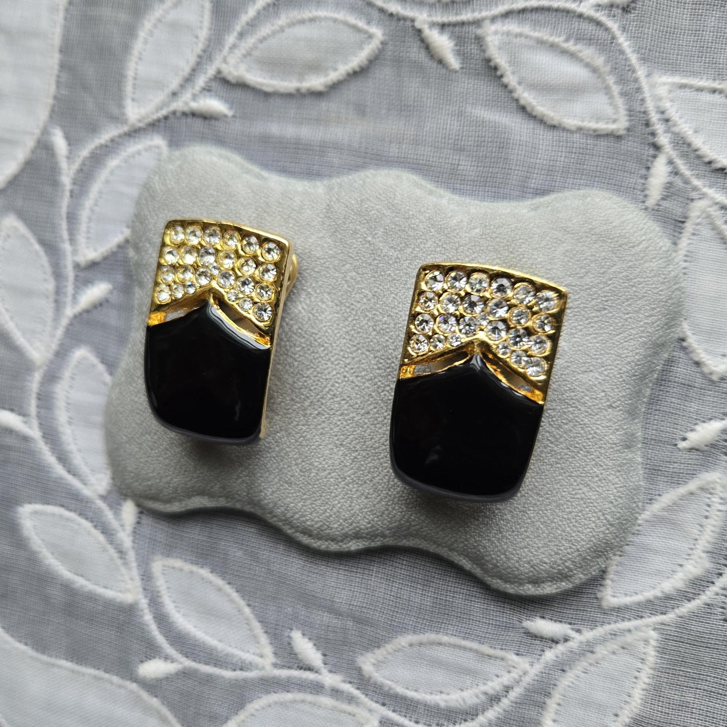 Clip on - Black Enamel and Clear Crystals Clip On Earrings