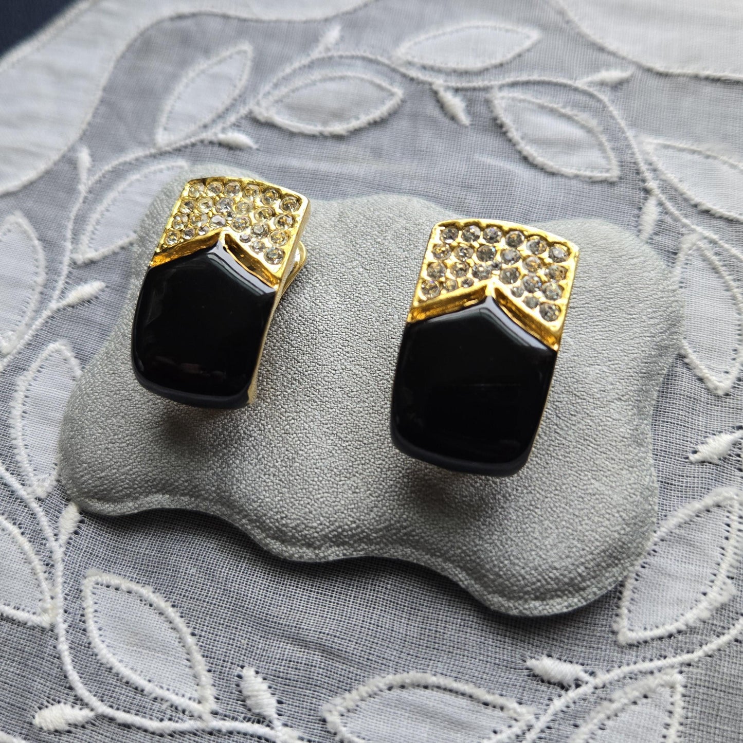 Clip on - Black Enamel and Clear Crystals Clip On Earrings