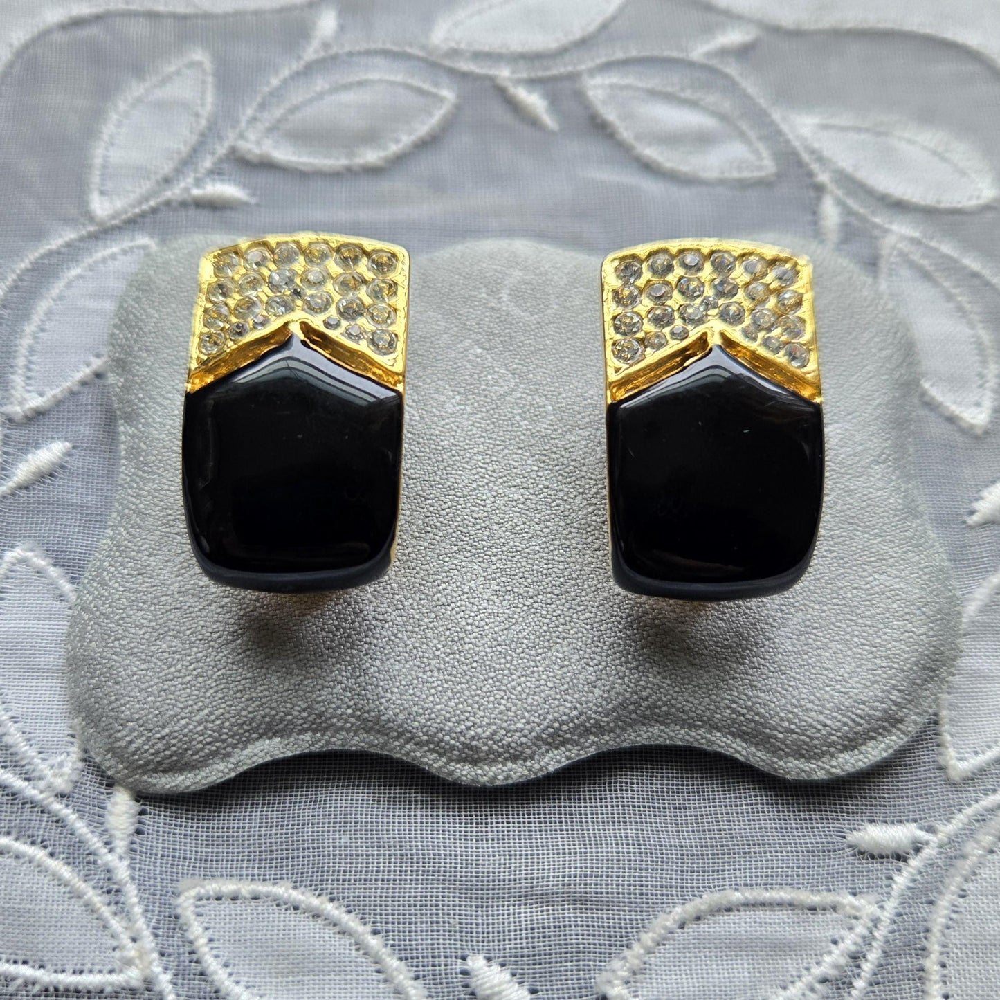 Clip on - Black Enamel and Clear Crystals Clip On Earrings
