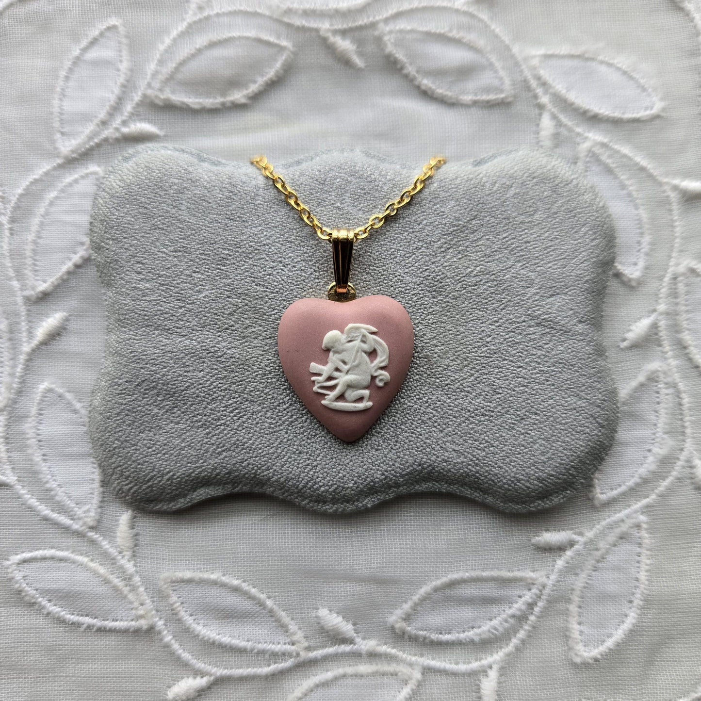 Necklace - Wedgwood Pink Heart Cherub Jasperware Pendant Necklace