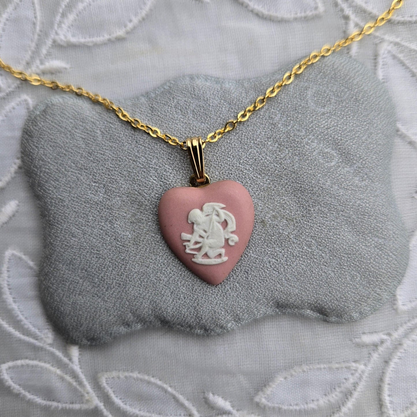 Necklace - Wedgwood Pink Heart Cherub Jasperware Pendant Necklace