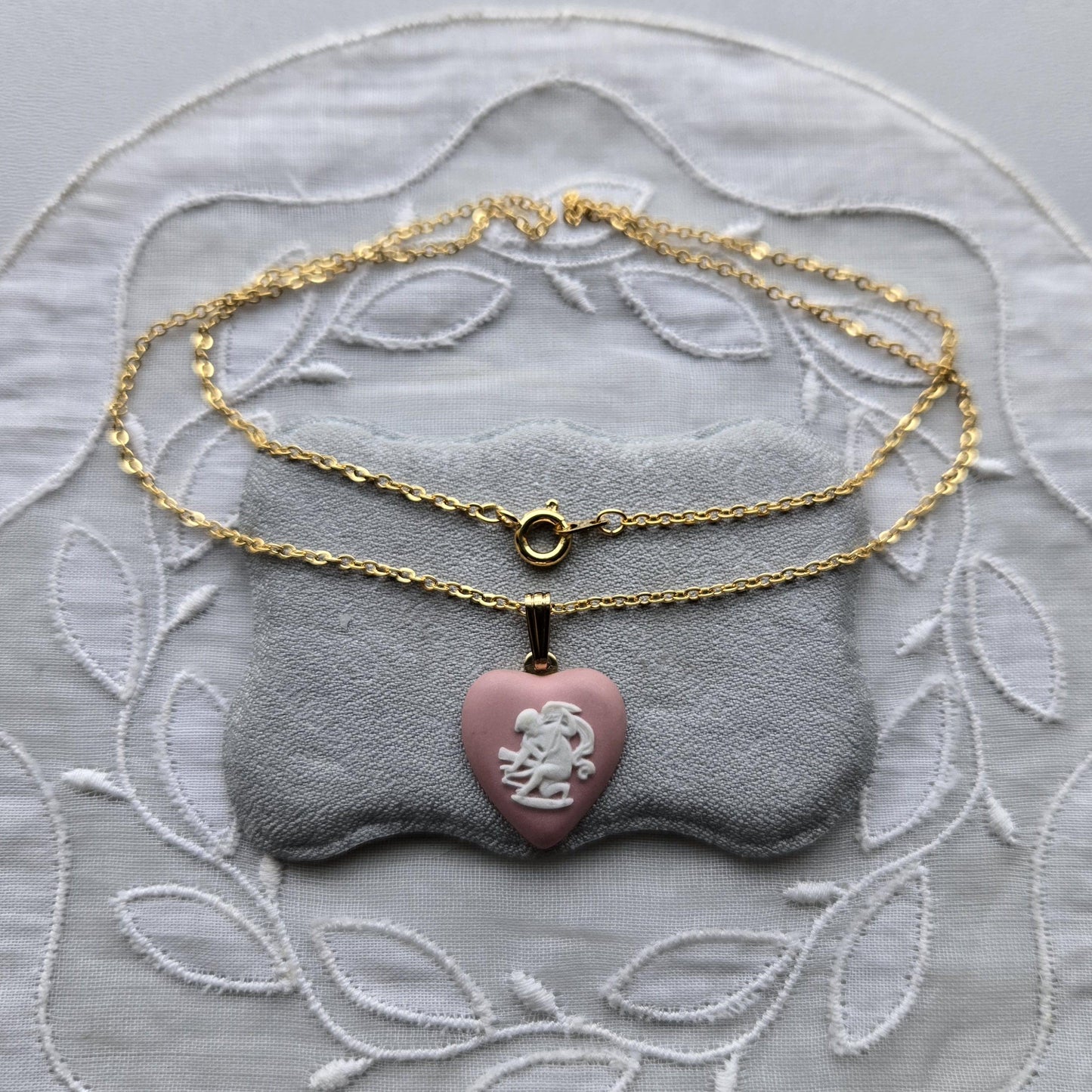 Necklace - Wedgwood Pink Heart Cherub Jasperware Pendant Necklace