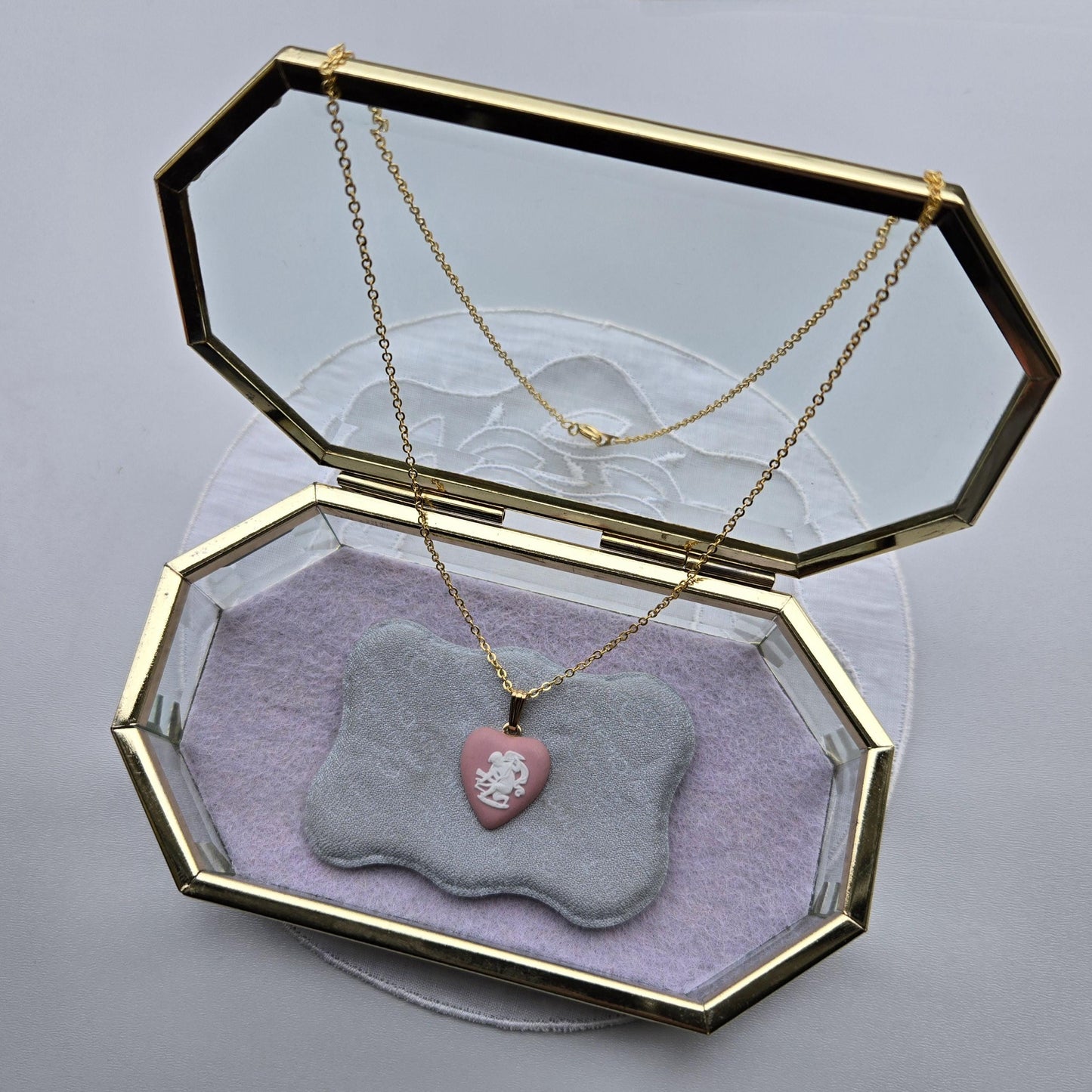 Necklace - Wedgwood Pink Heart Cherub Jasperware Pendant Necklace