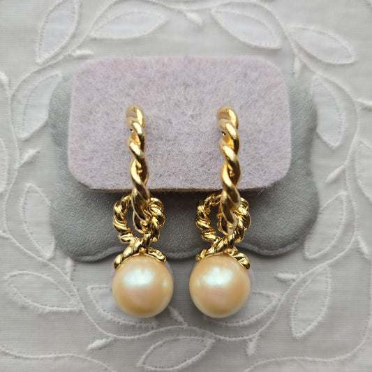 Posts - Twist Gold Hoop Pearl Drop Earrings