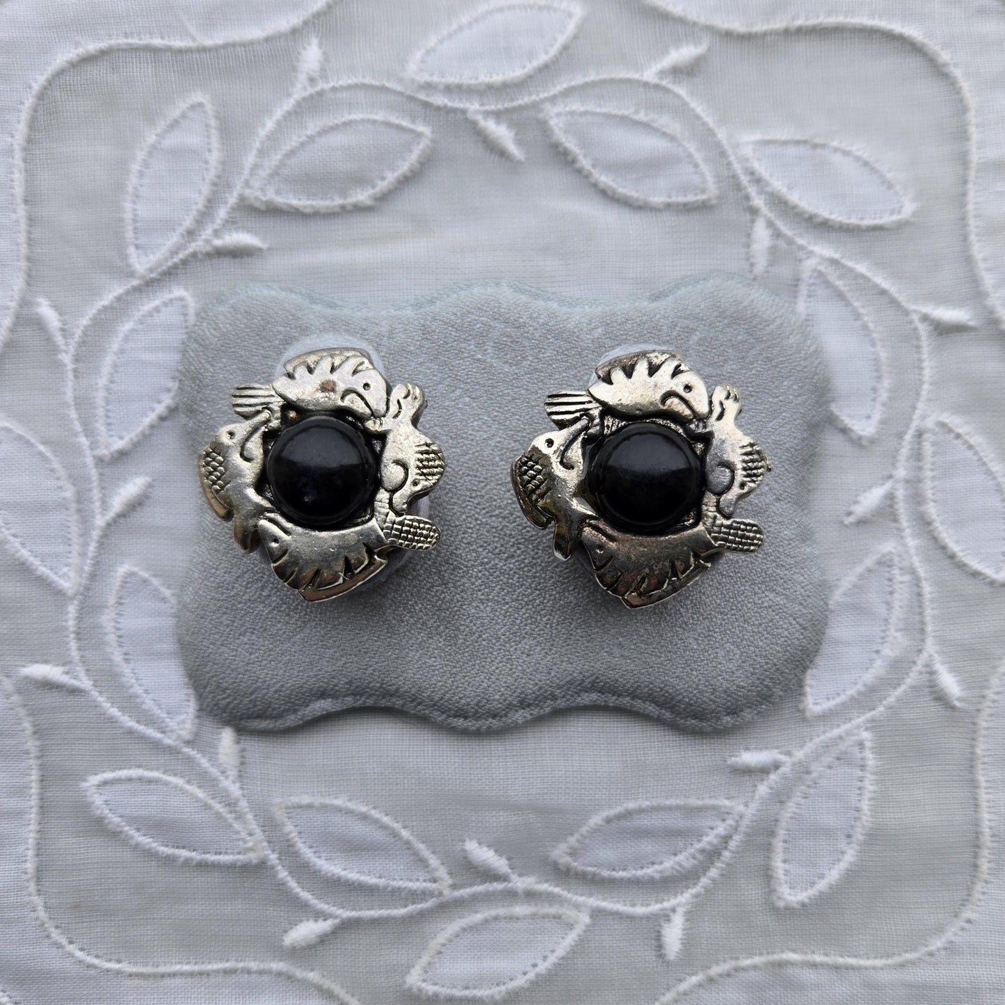 Posts - Silver Tone Black Cabochon Fish Earrings