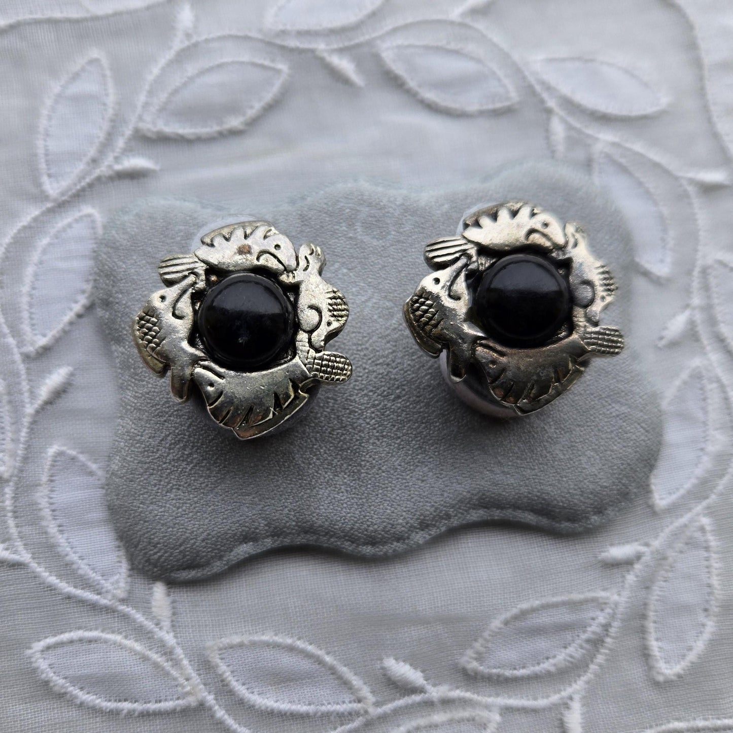 Posts - Silver Tone Black Cabochon Fish Earrings