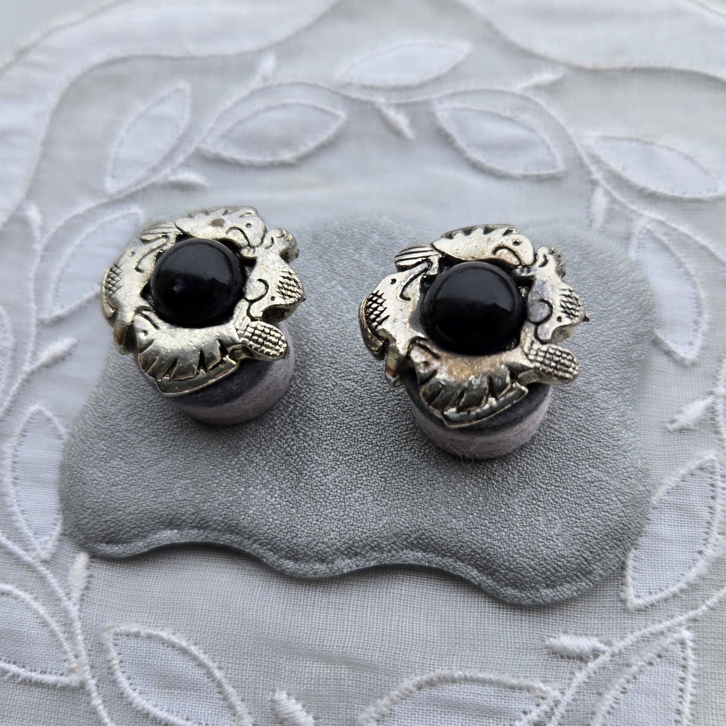 Posts - Silver Tone Black Cabochon Fish Earrings