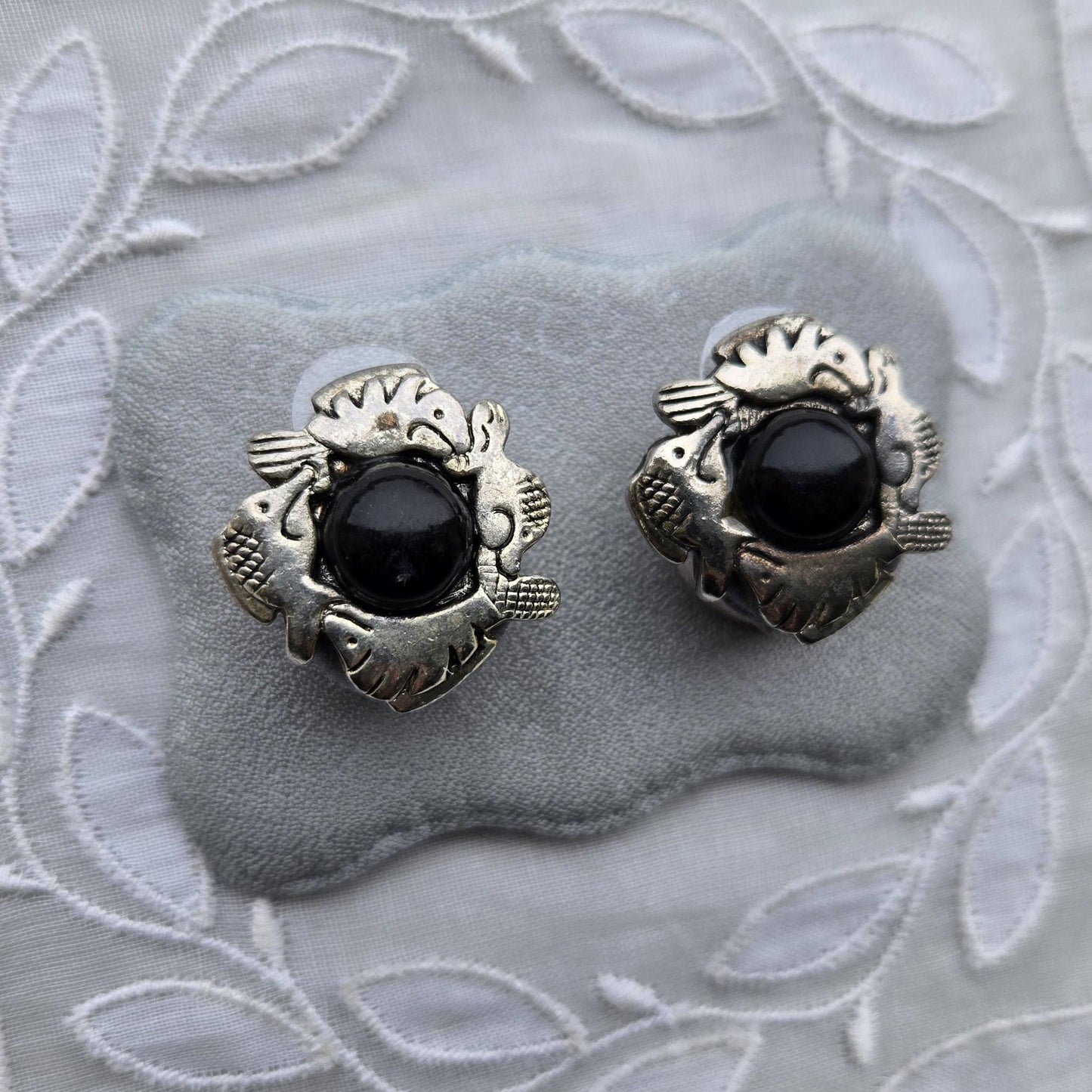 Posts - Silver Tone Black Cabochon Fish Earrings