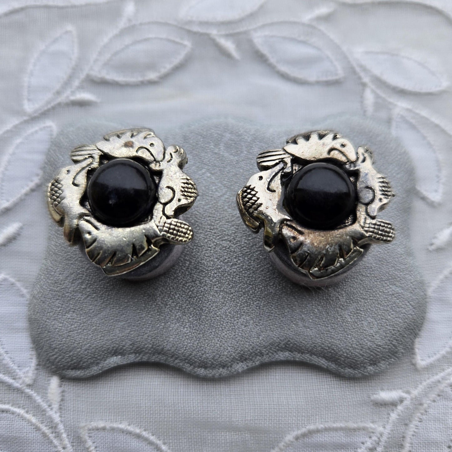 Posts - Silver Tone Black Cabochon Fish Earrings