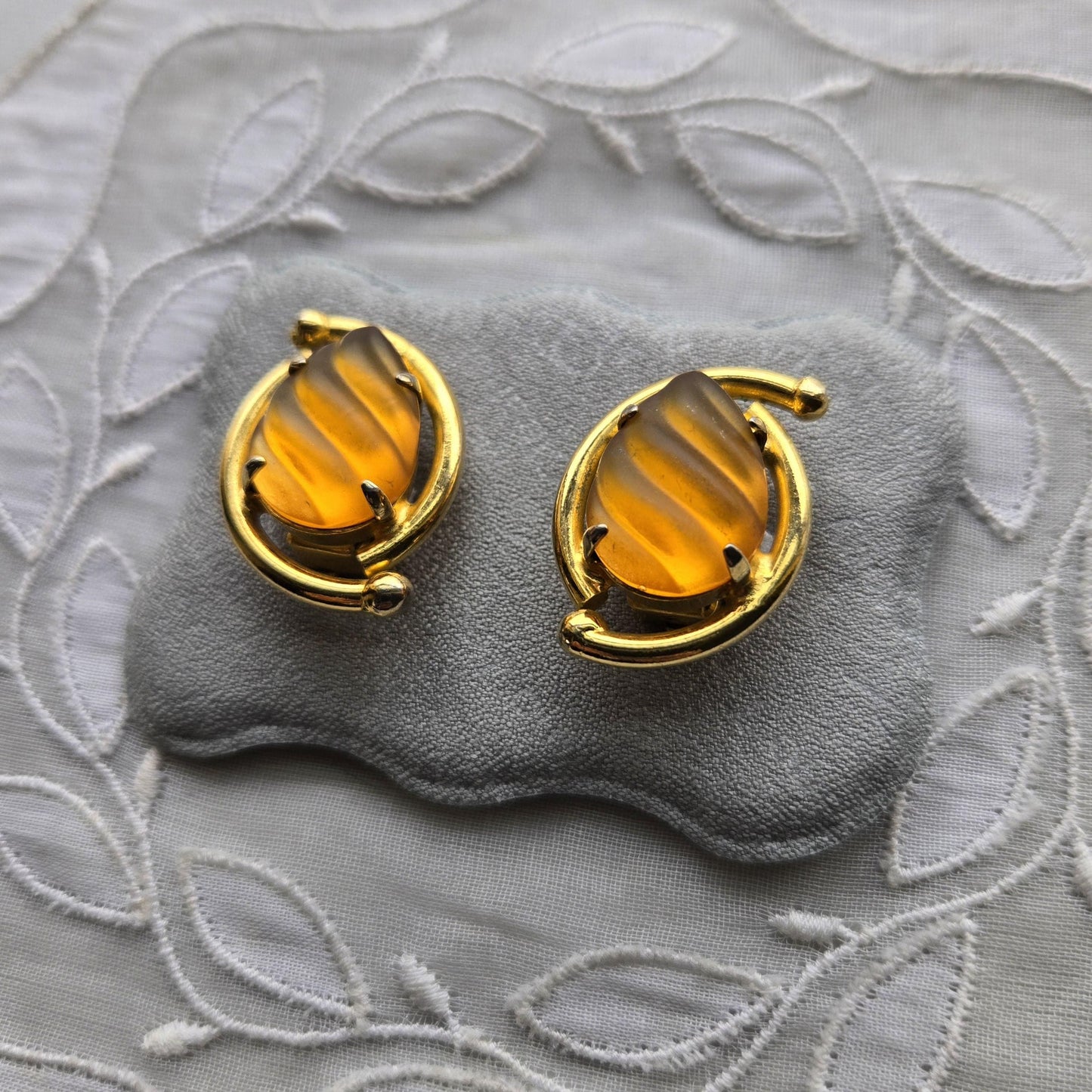 Clip on - Frosted Yellow Orange Cabochon Clip On Earrings