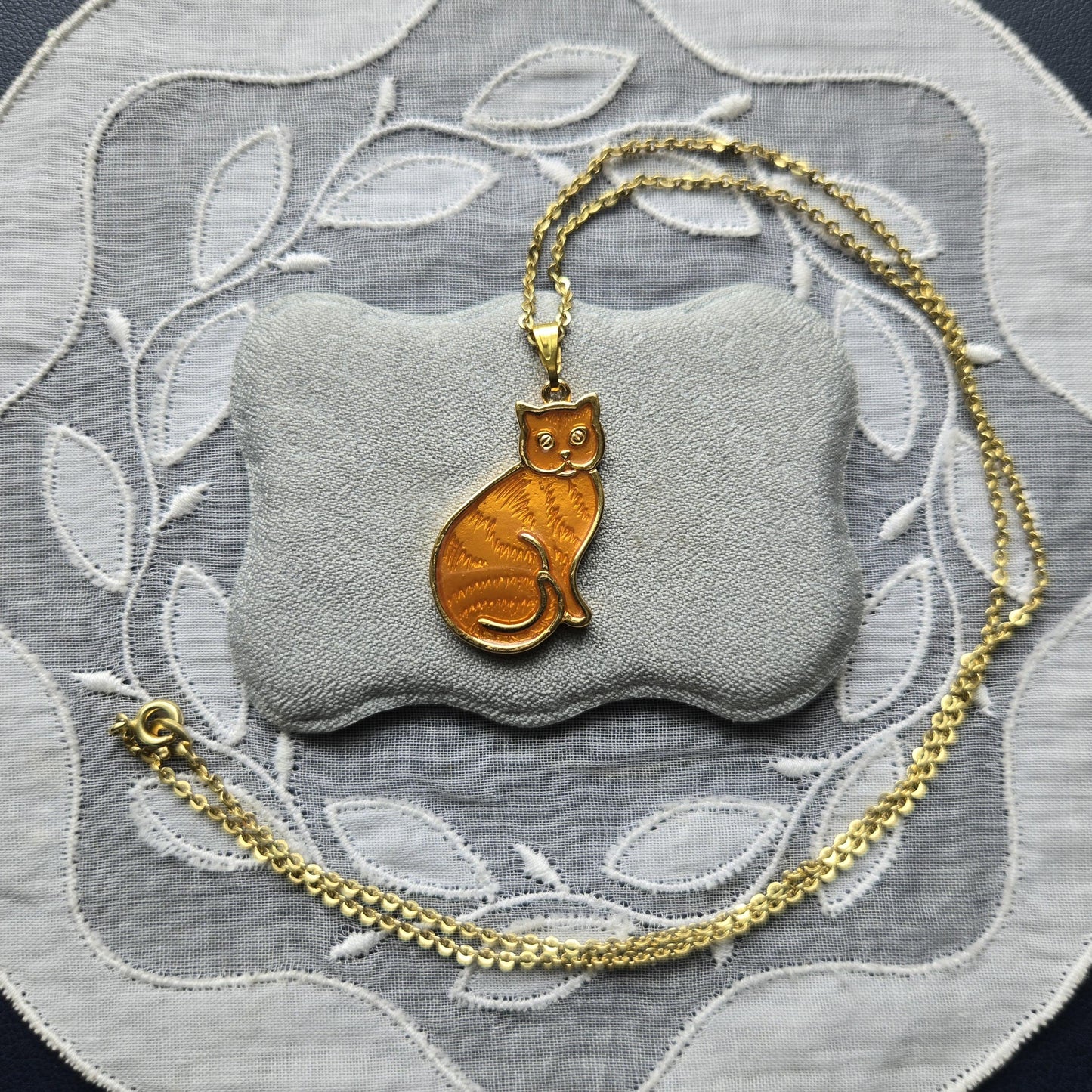 Necklace - Orange Enamel Cat Pendant Necklace