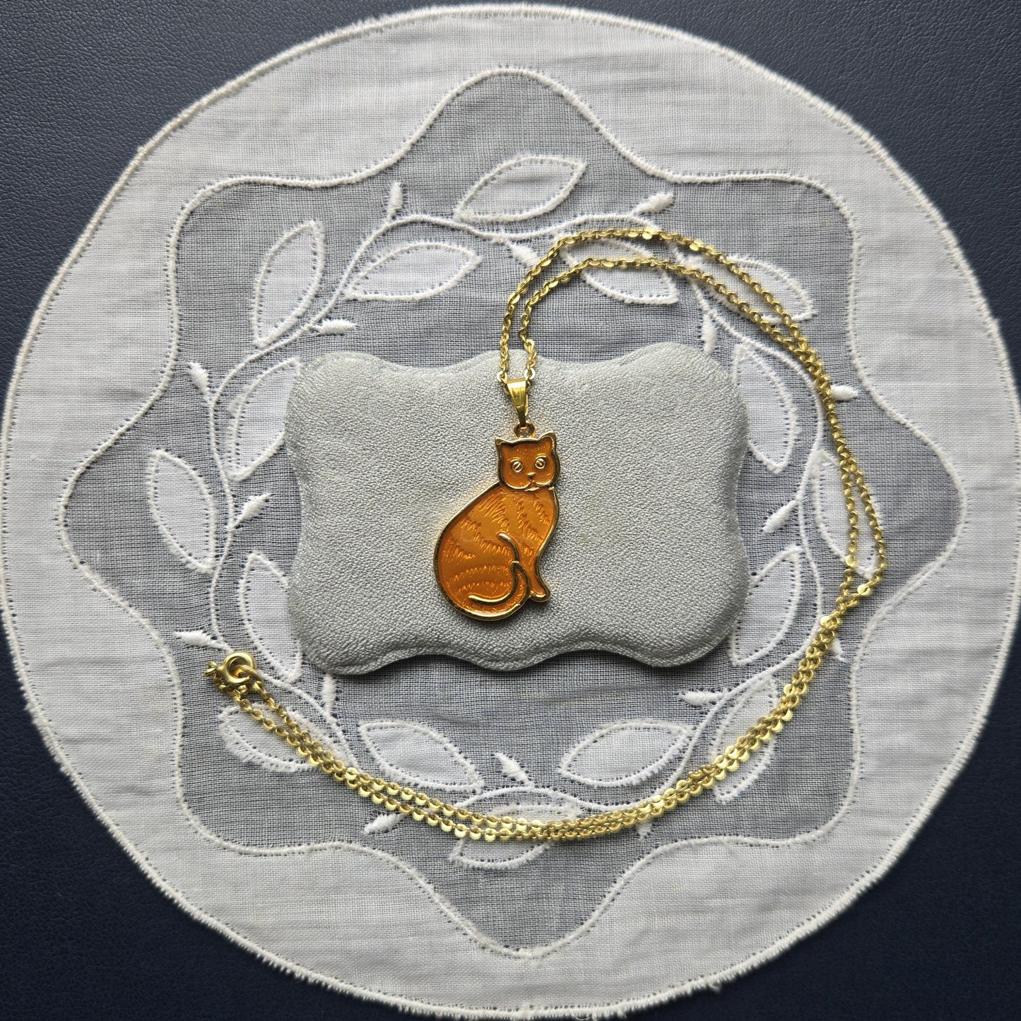 Necklace - Orange Enamel Cat Pendant Necklace