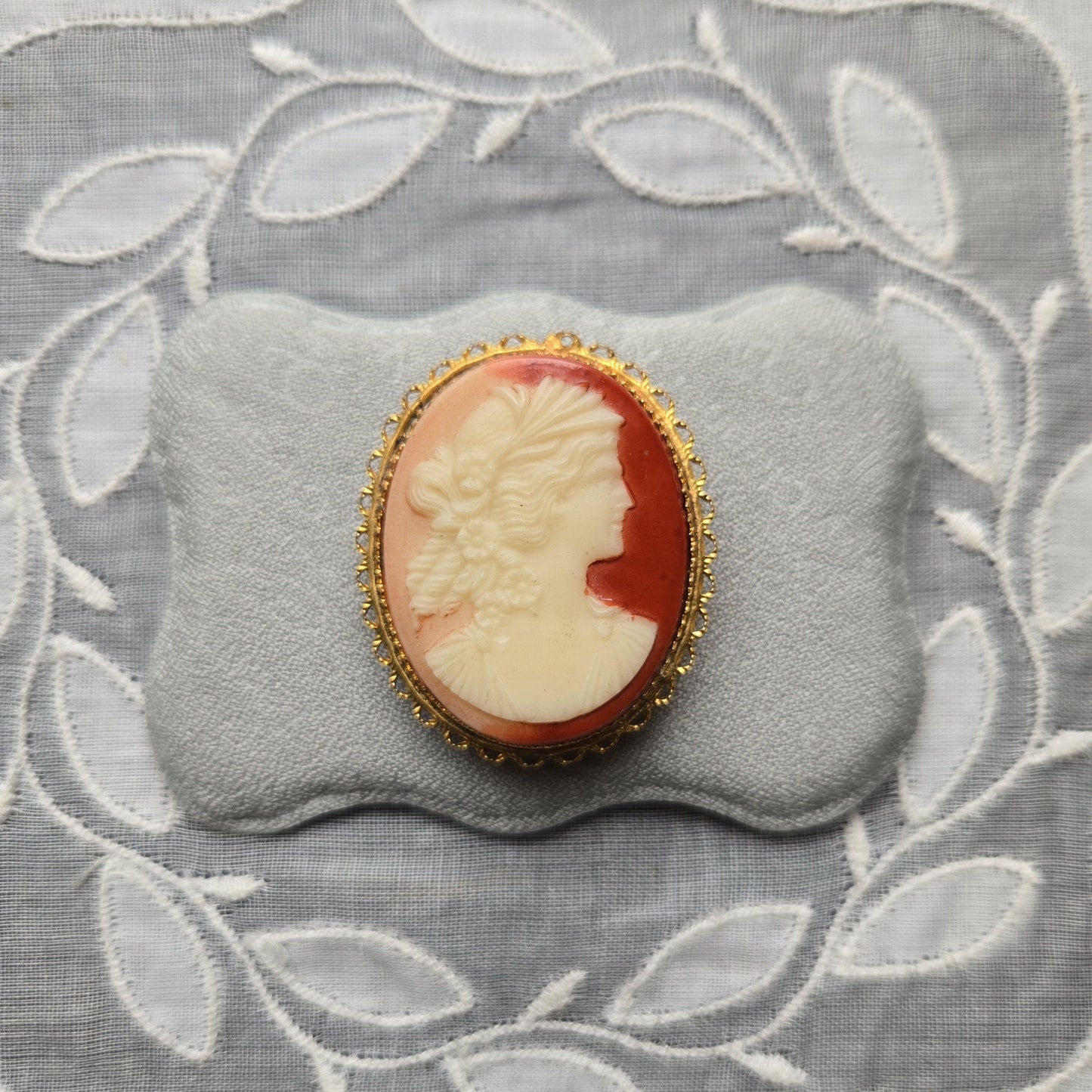Brooch - Red Orange Cameo Brooch