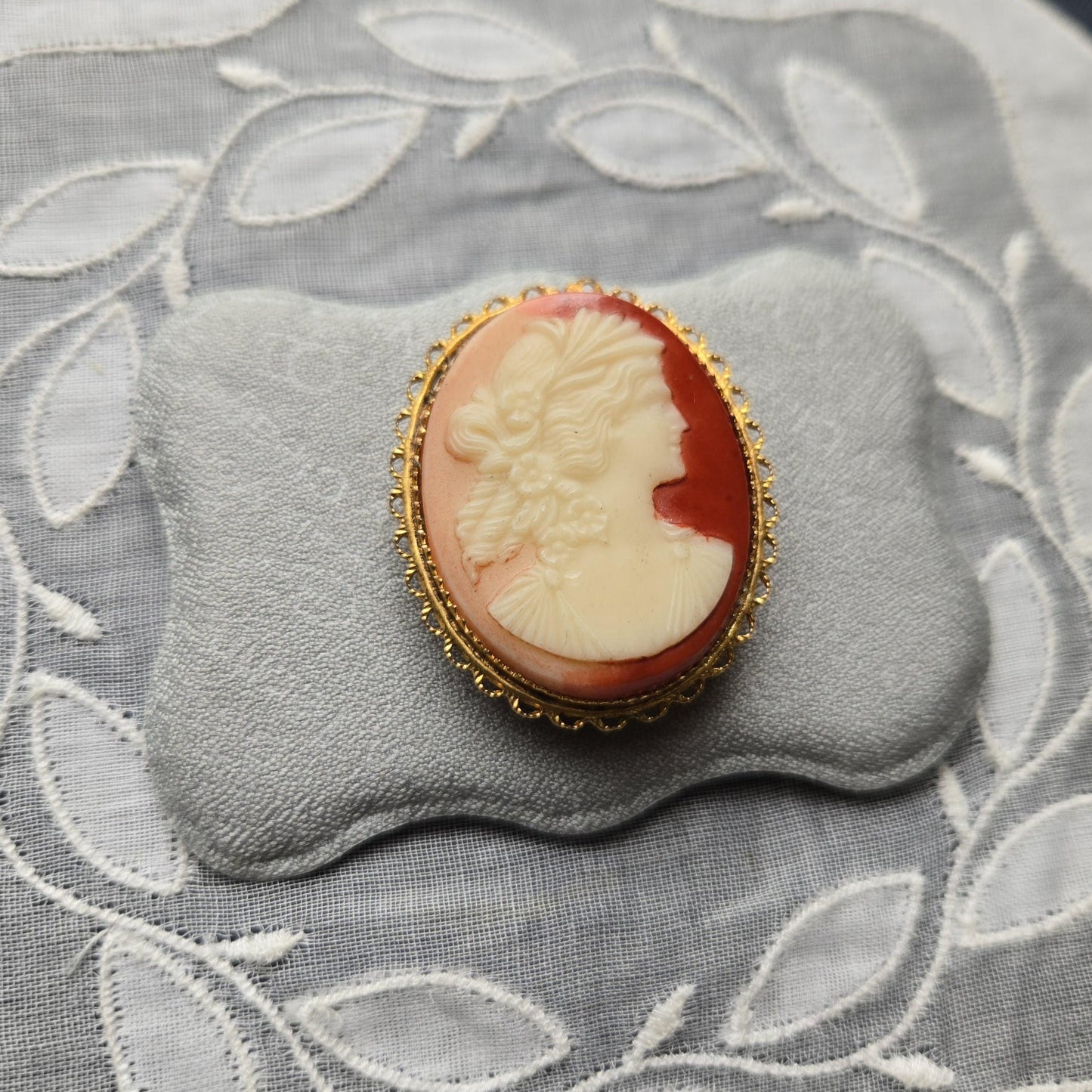 Brooch - Red Orange Cameo Brooch