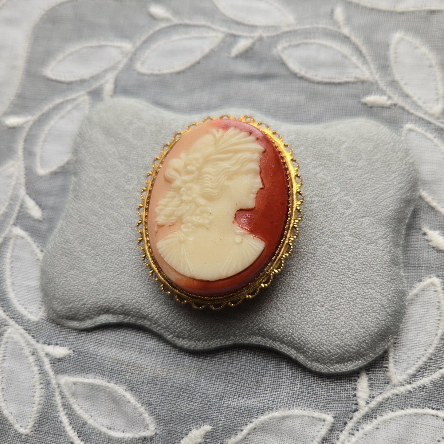 Brooch - Red Orange Cameo Brooch