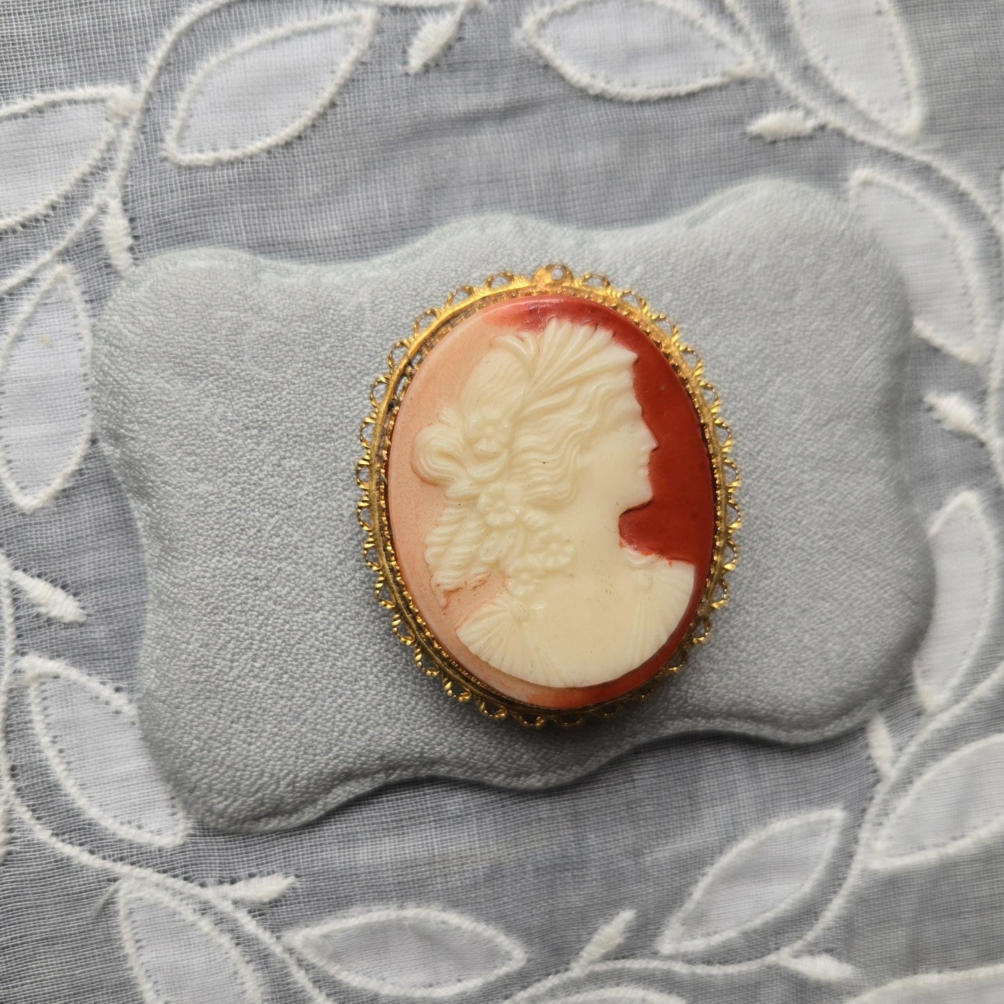 Brooch - Red Orange Cameo Brooch
