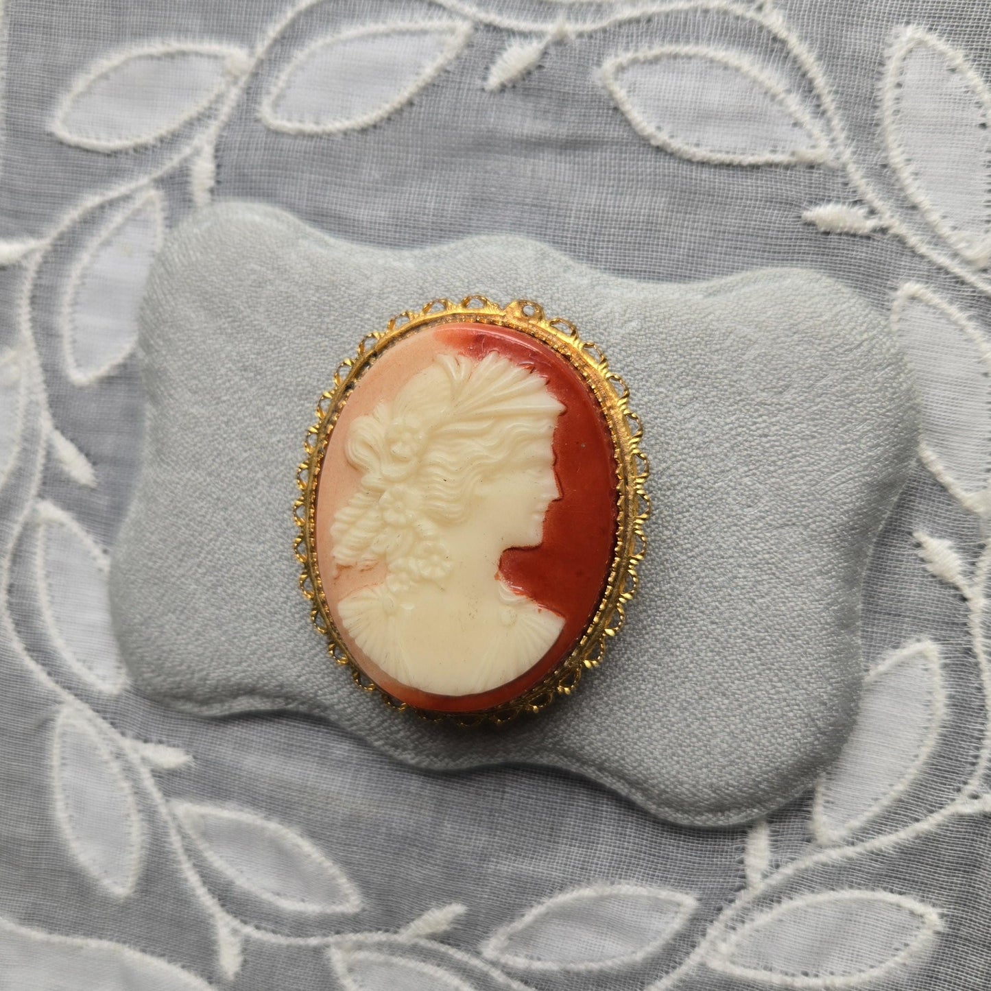 Brooch - Red Orange Cameo Brooch