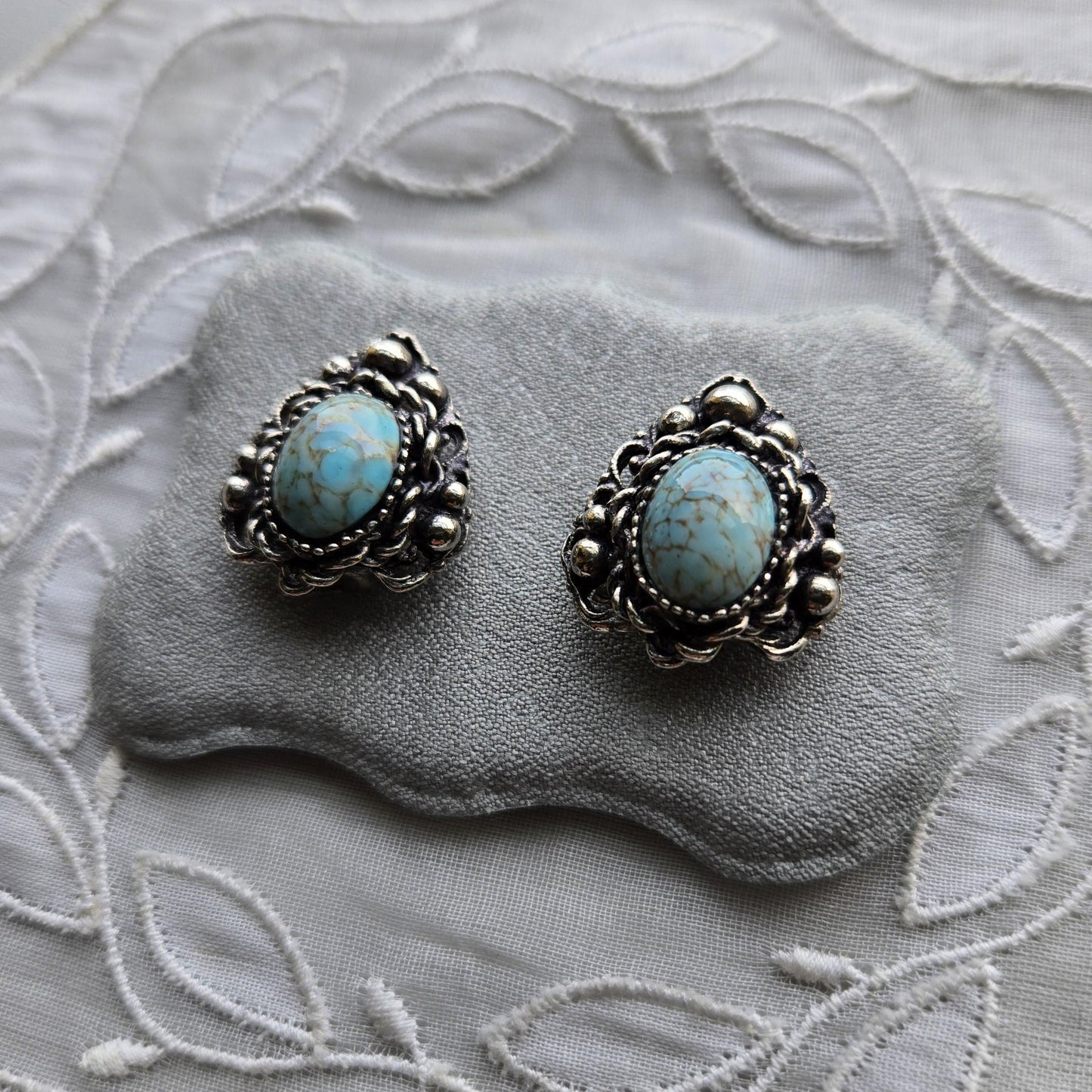 Clip on - Silver Tone Ornate Turquoise Clip on Earrings