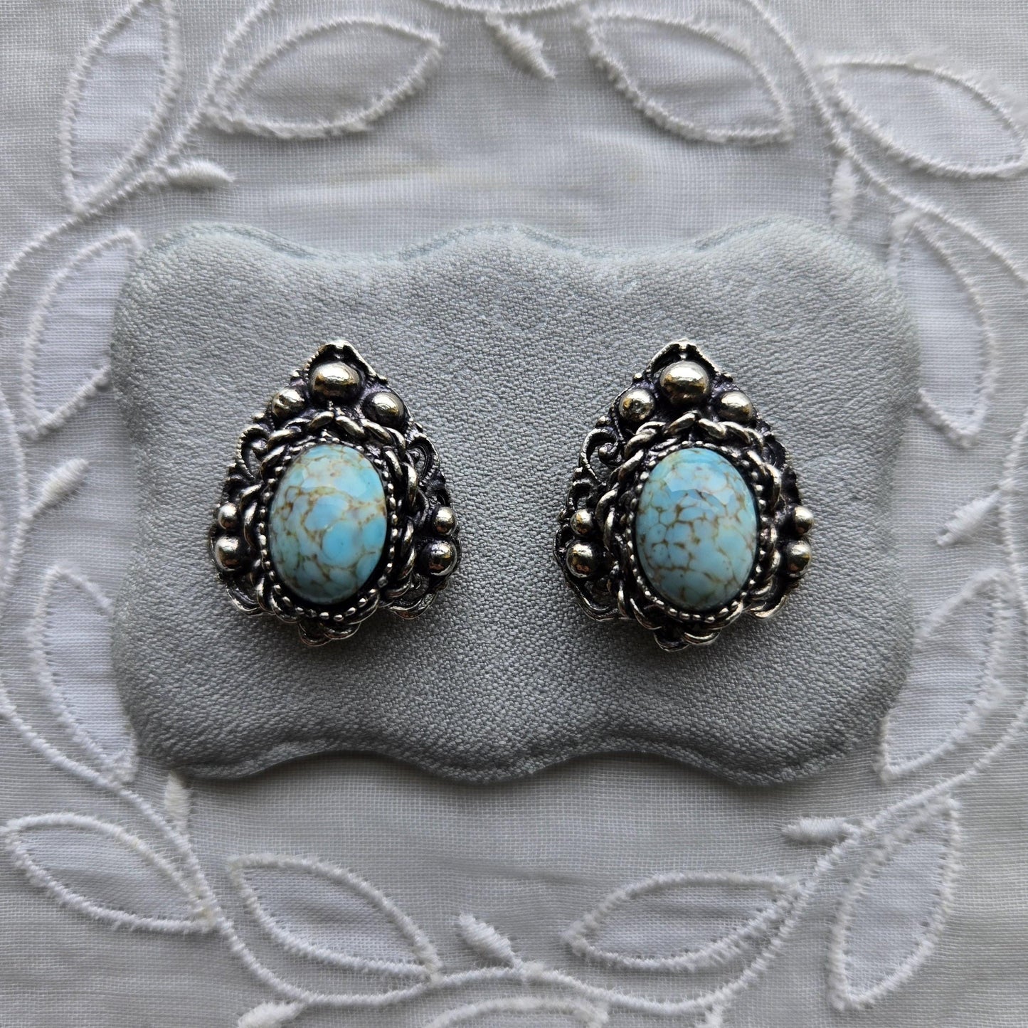 Clip on - Silver Tone Ornate Turquoise Clip on Earrings