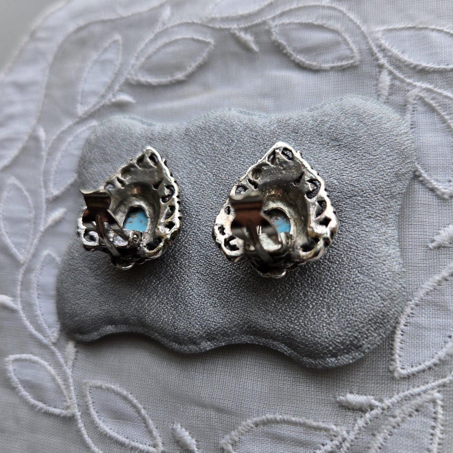 Clip on - Silver Tone Ornate Turquoise Clip on Earrings