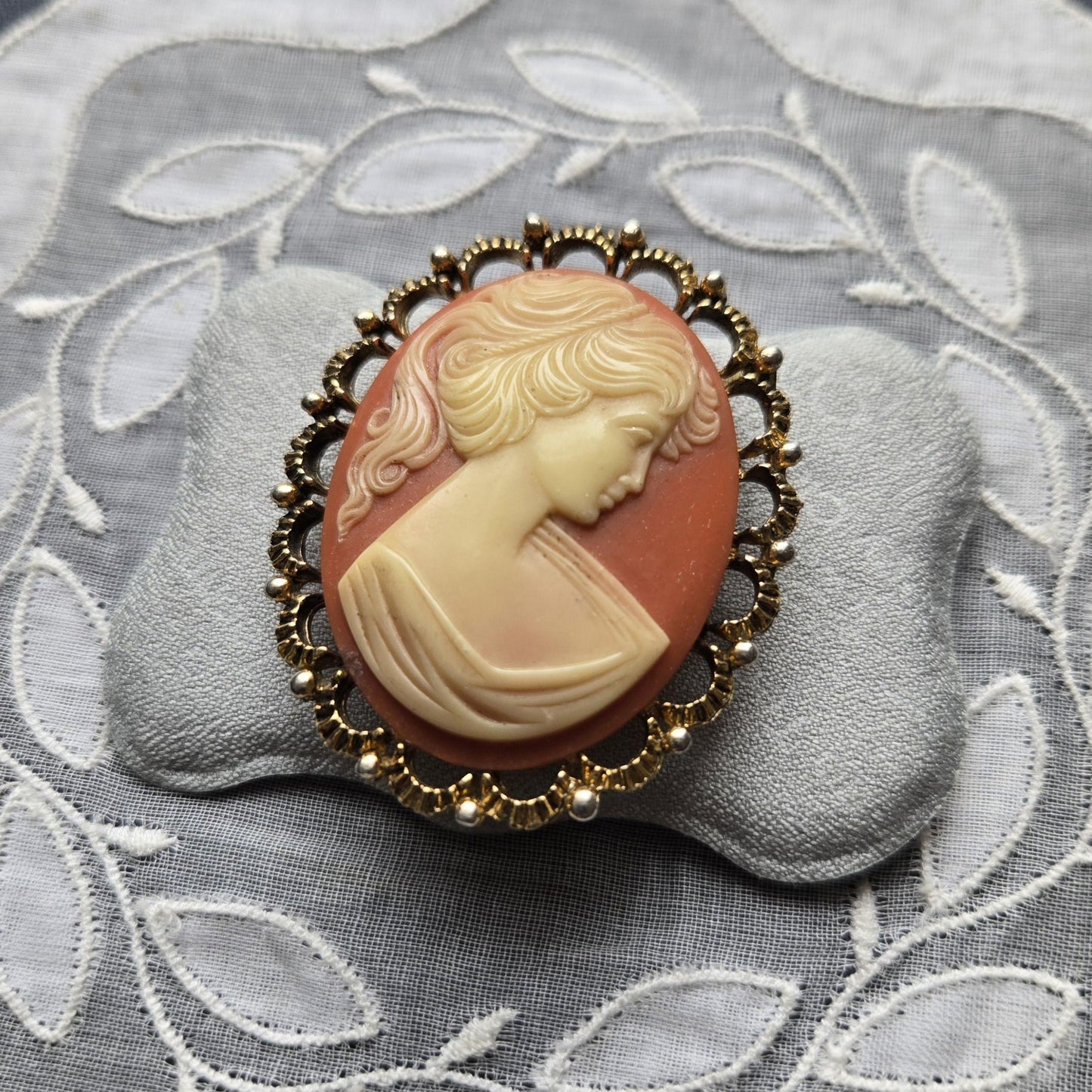 Brooch - Ornate Frame Orange Cameo Brooch