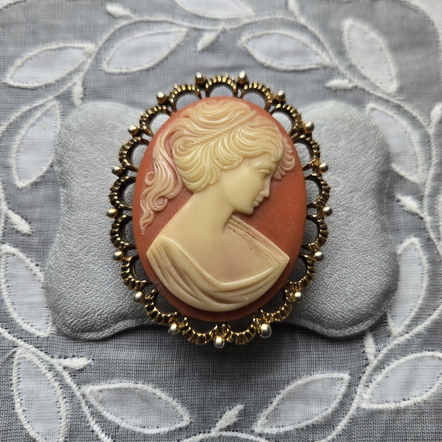 Brooch - Ornate Frame Orange Cameo Brooch