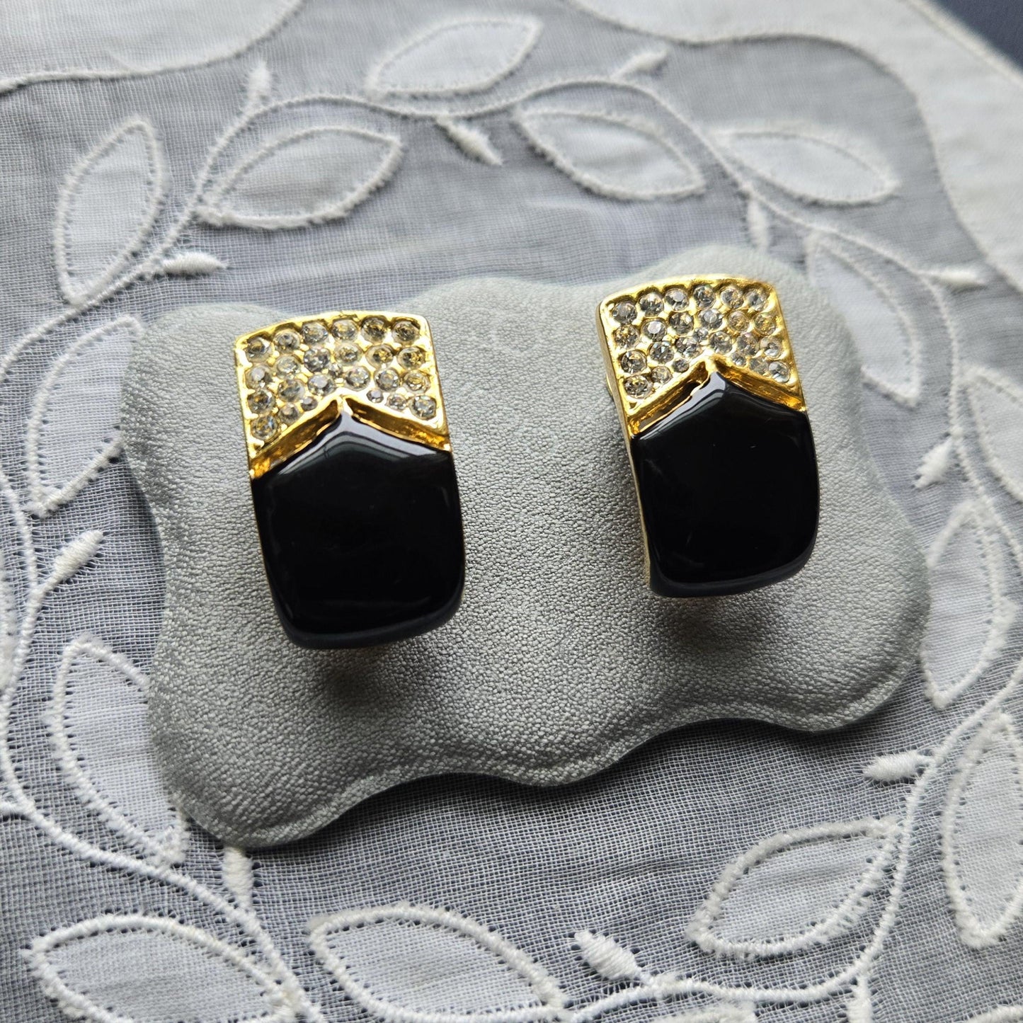 Clip on - Black Enamel and Clear Crystals Clip On Earrings