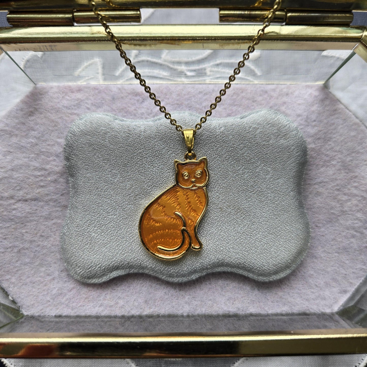 Necklace - Orange Enamel Cat Pendant Necklace