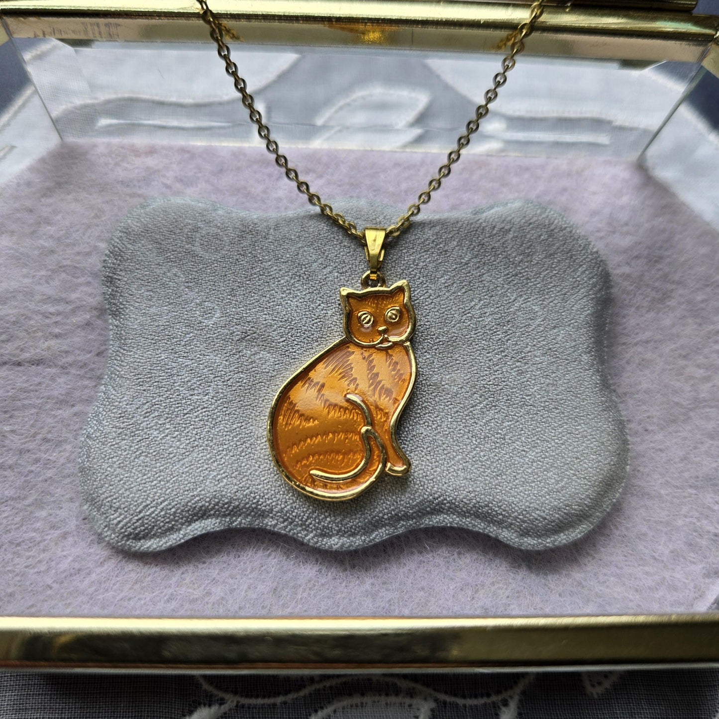 Necklace - Orange Enamel Cat Pendant Necklace