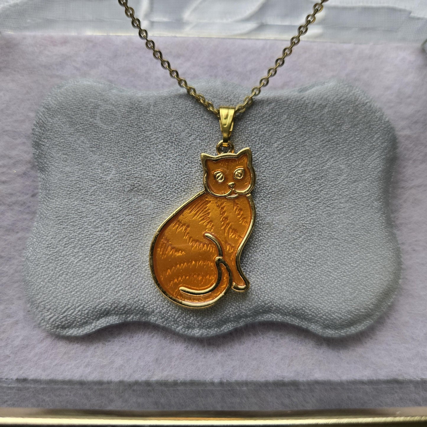 Necklace - Orange Enamel Cat Pendant Necklace