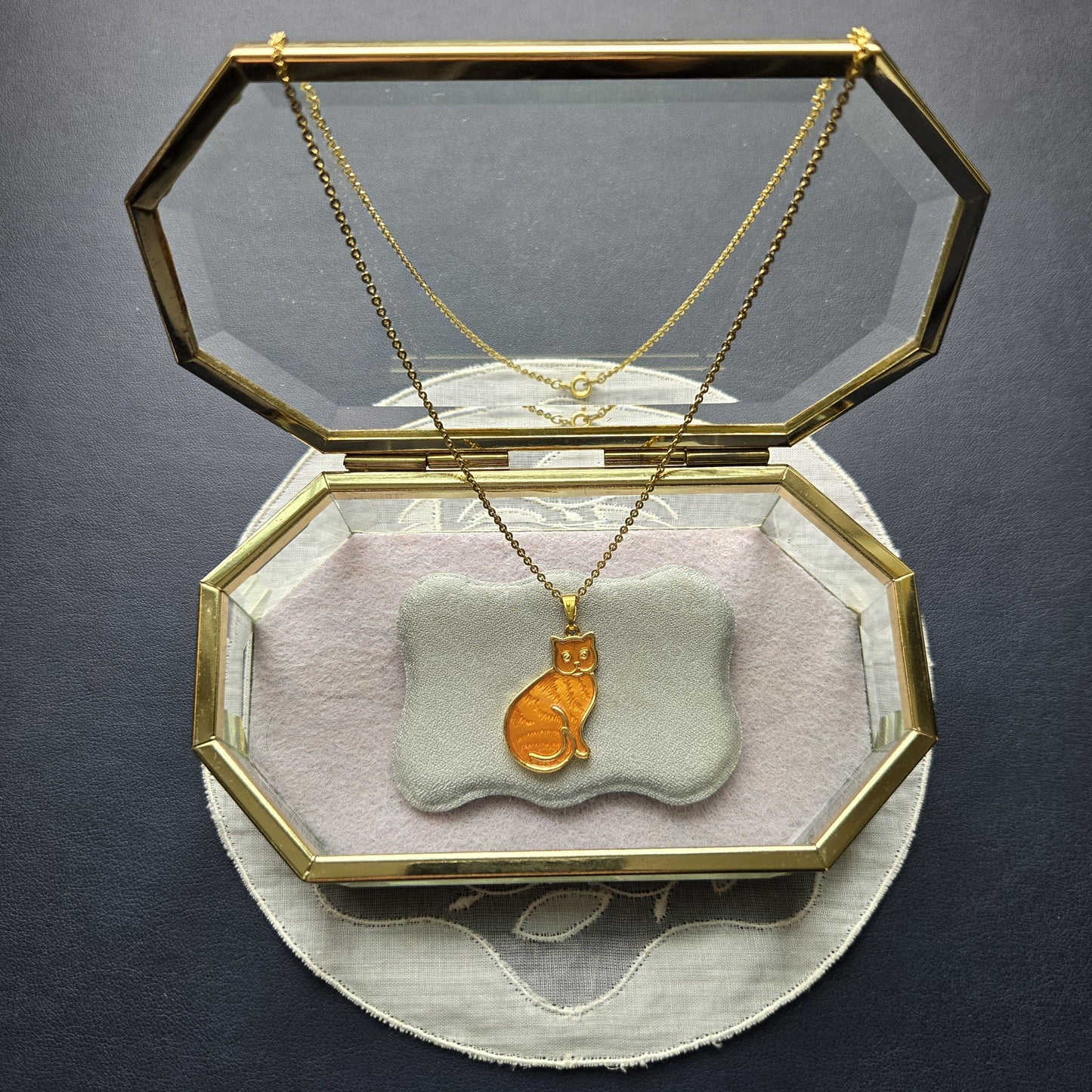 Necklace - Orange Enamel Cat Pendant Necklace