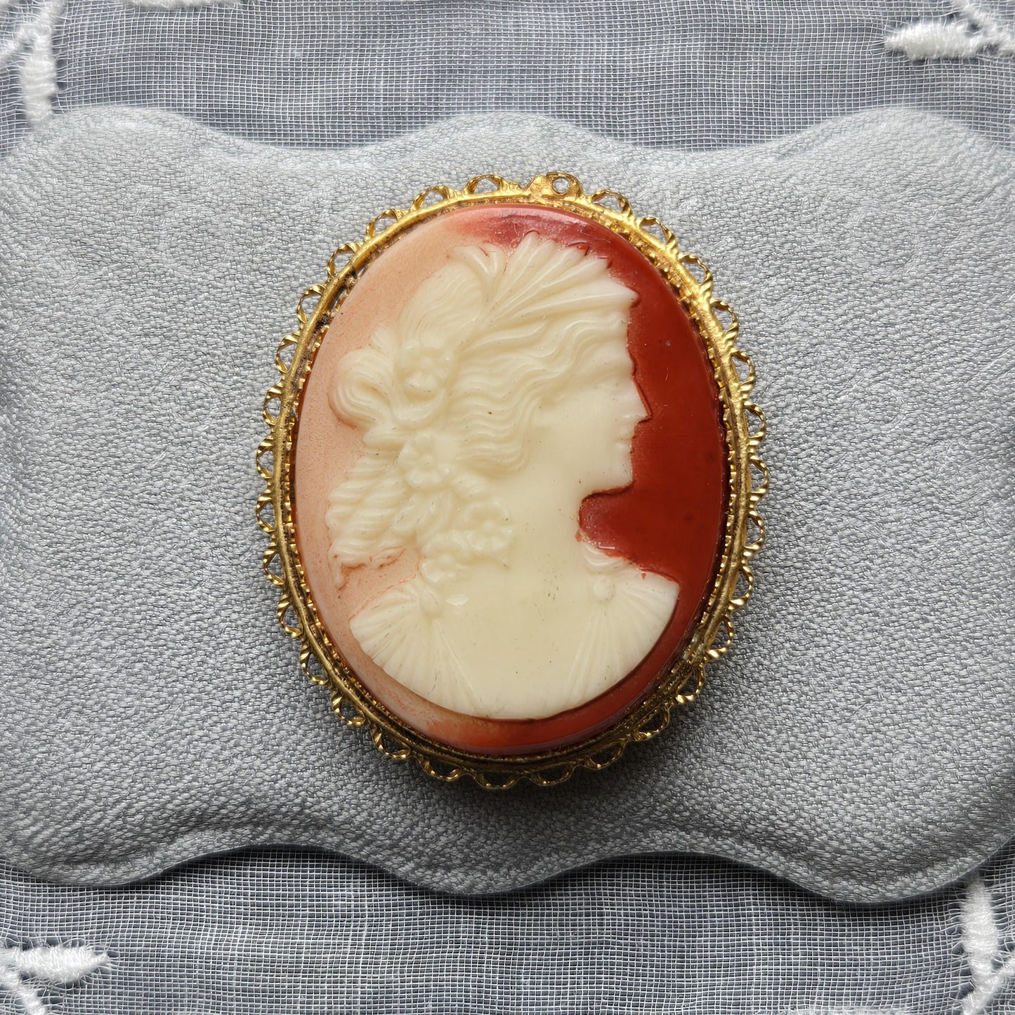 Brooch - Red Orange Cameo Brooch