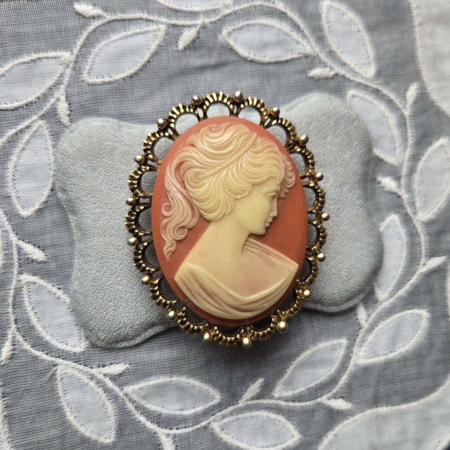 Brooch - Ornate Frame Orange Cameo Brooch