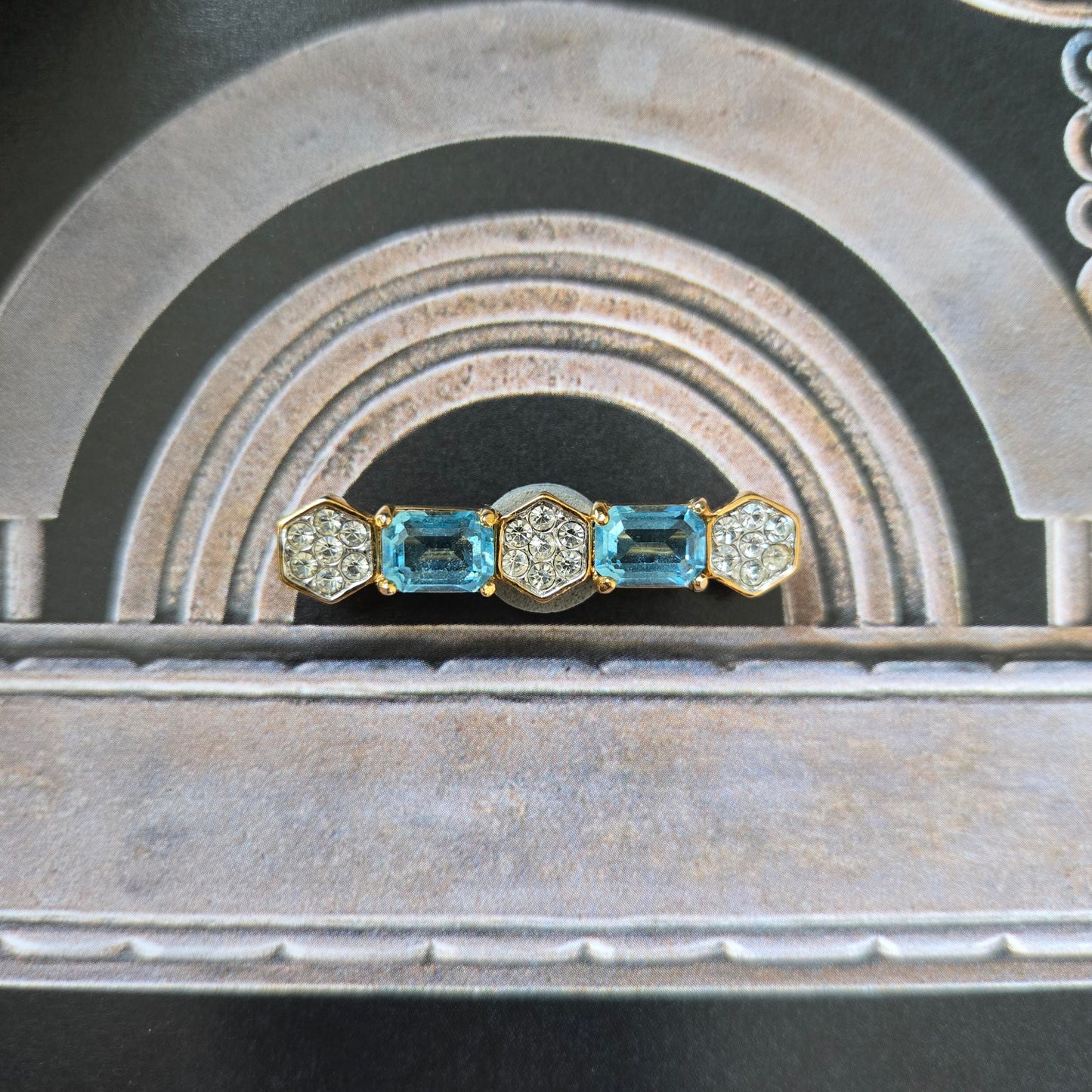 Brooch - Attwood and Sawyer Blue and Clear Crystals Bar Brooch