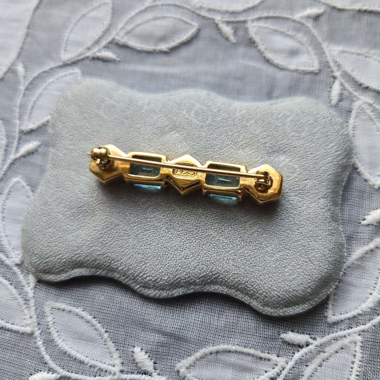 Brooch - Attwood and Sawyer Blue and Clear Crystals Bar Brooch