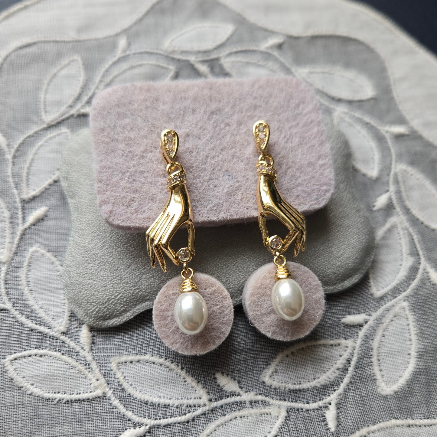 Posts - Crystals and Pearl Hand Drop Earrings