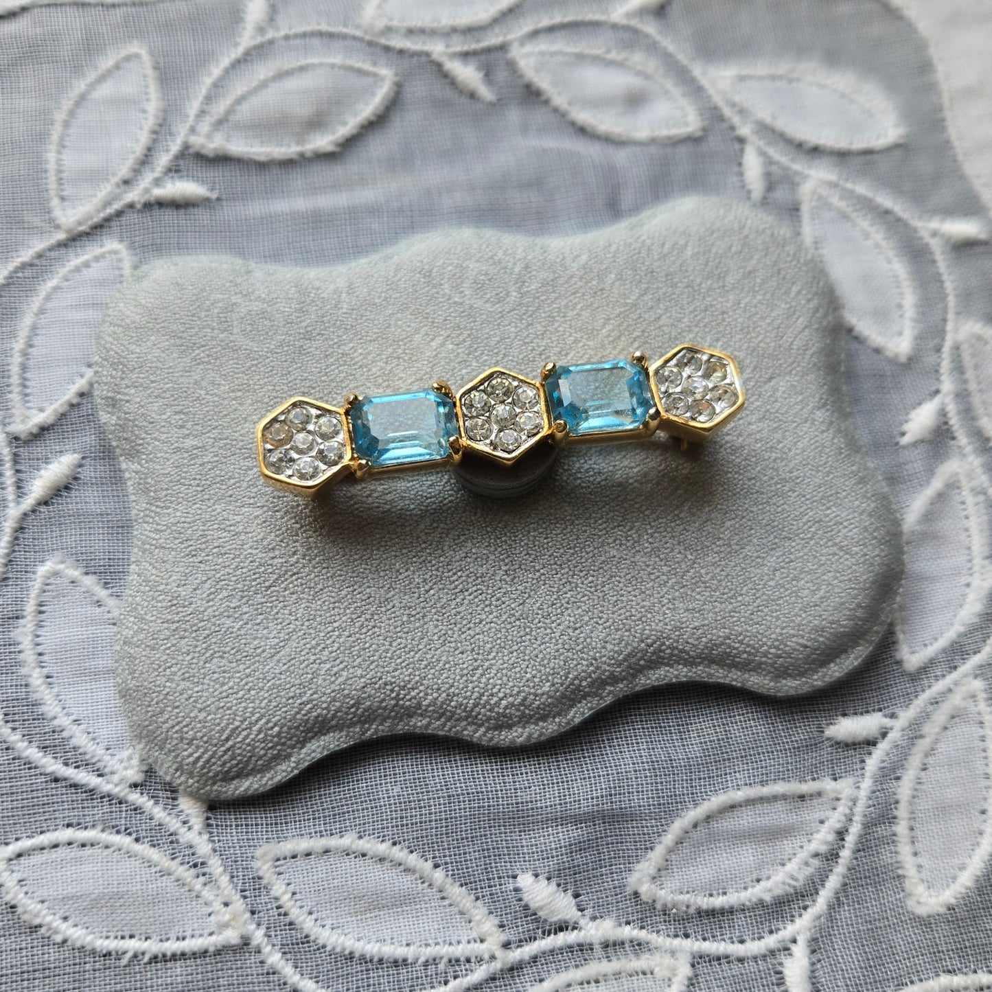 Brooch - Attwood and Sawyer Blue and Clear Crystals Bar Brooch