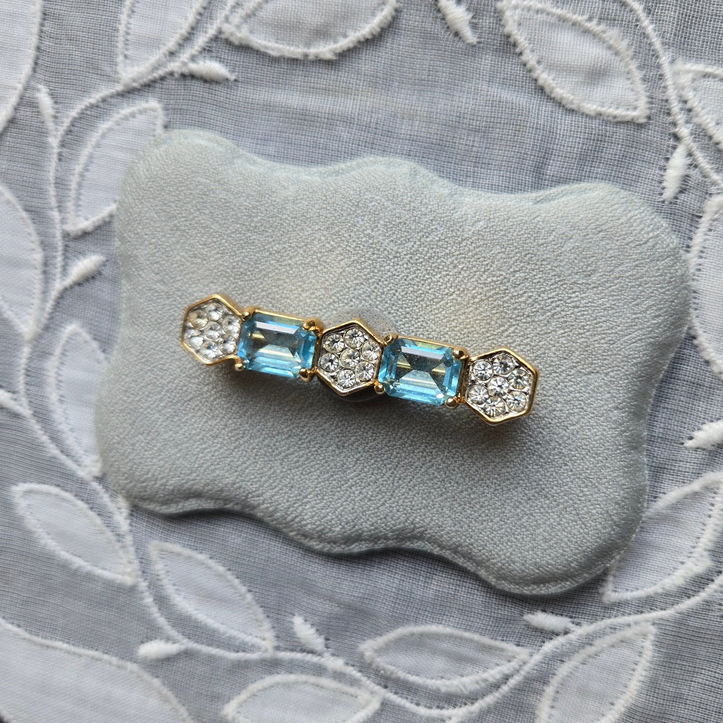 Brooch - Attwood and Sawyer Blue and Clear Crystals Bar Brooch