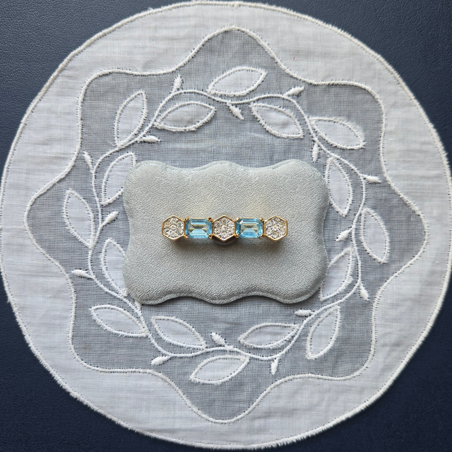 Brooch - Attwood and Sawyer Blue and Clear Crystals Bar Brooch