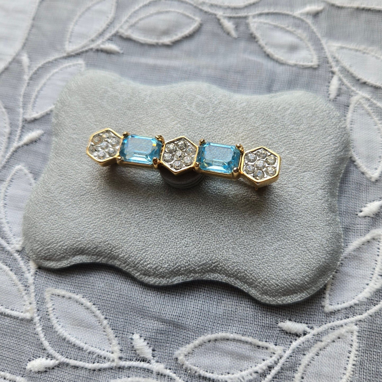 Brooch - Attwood and Sawyer Blue and Clear Crystals Bar Brooch