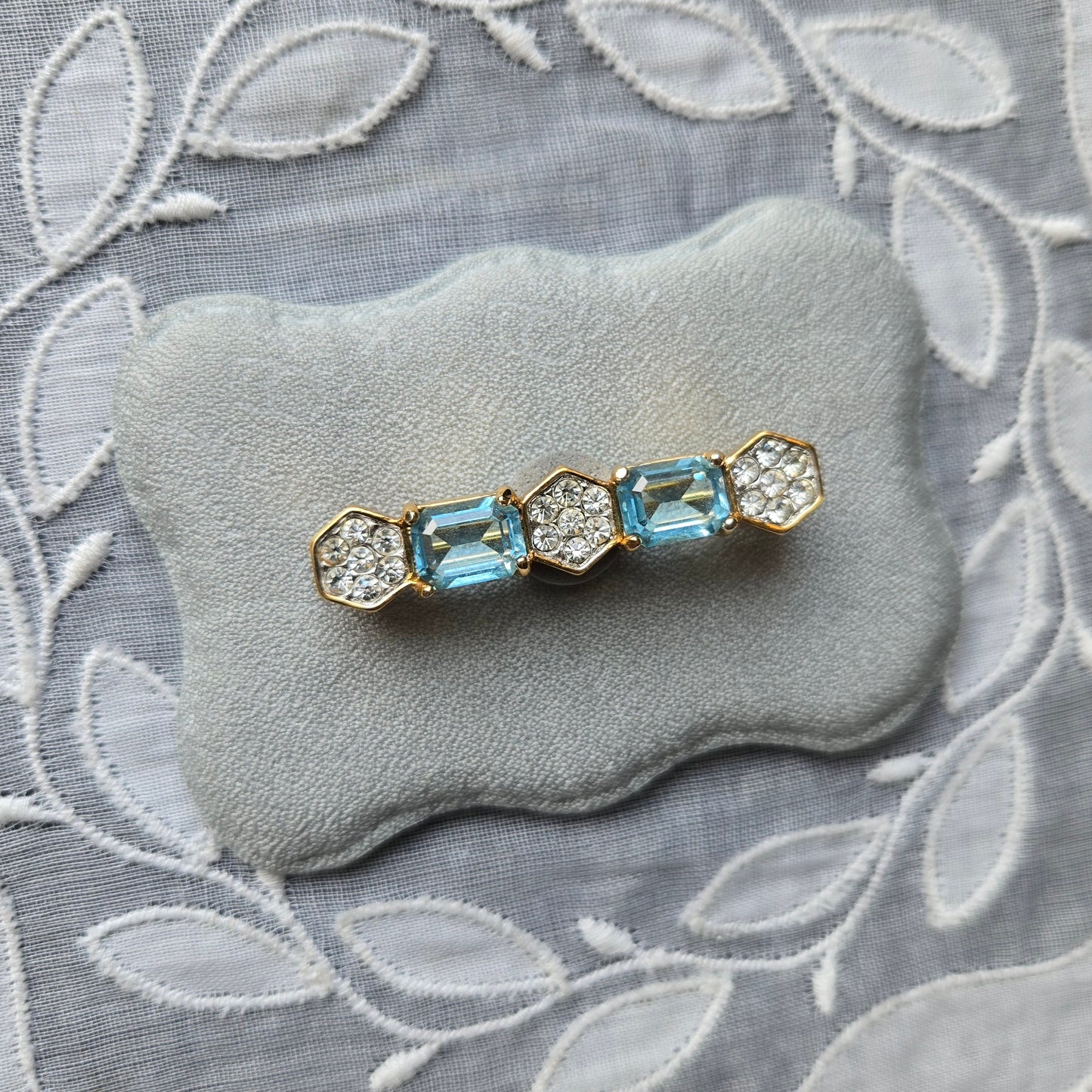 Brooch - Attwood and Sawyer Blue and Clear Crystals Bar Brooch