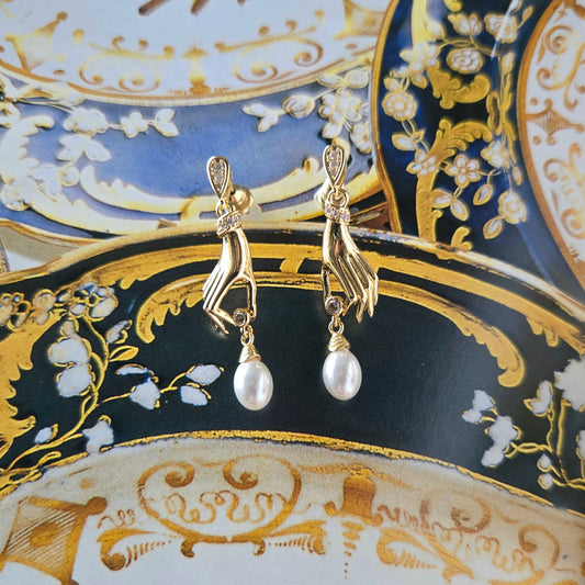 Posts - Crystals and Pearl Hand Drop Earrings