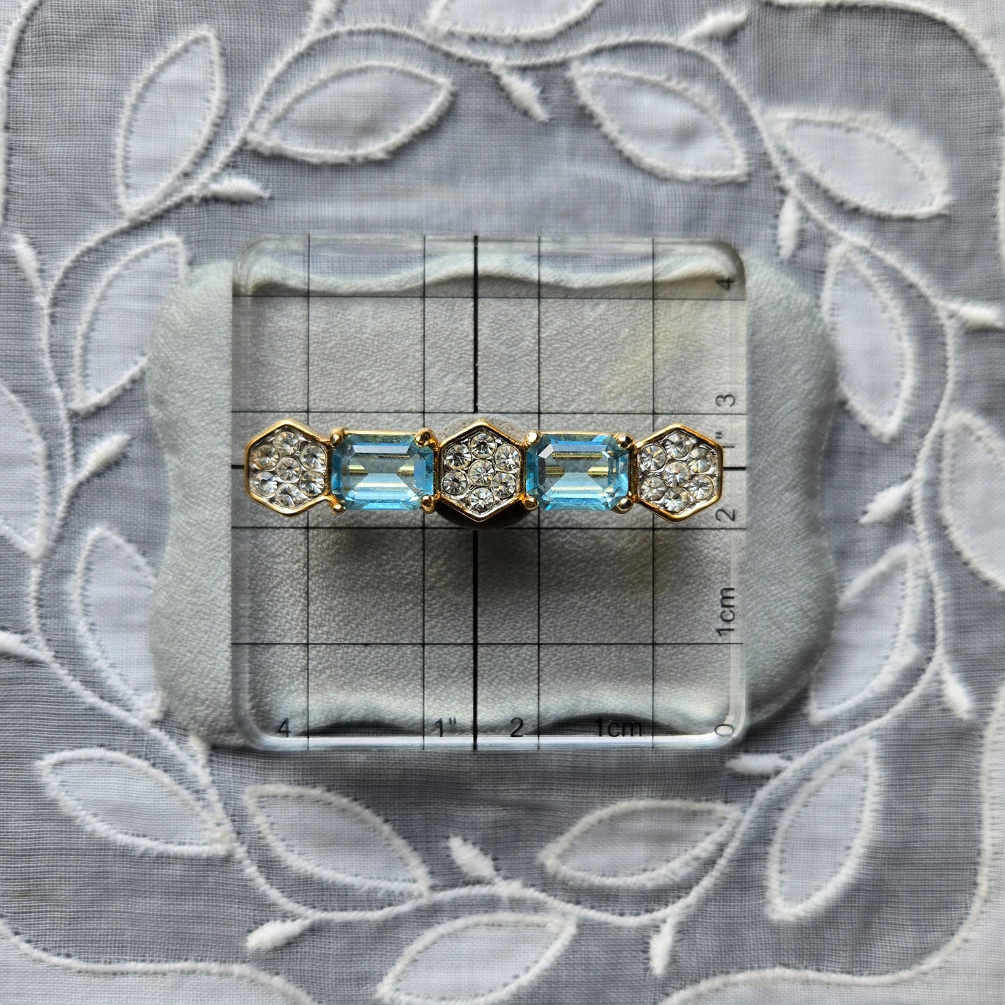 Brooch - Attwood and Sawyer Blue and Clear Crystals Bar Brooch