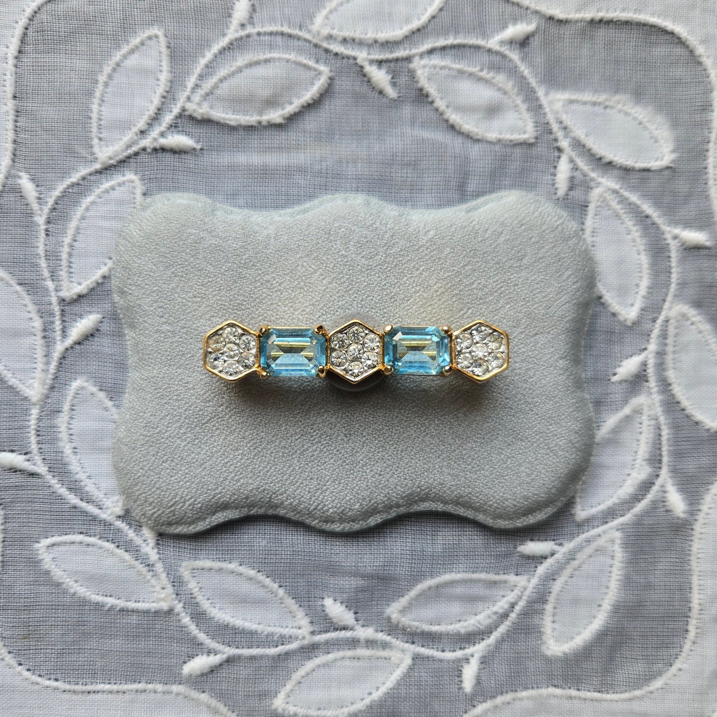 Brooch - Attwood and Sawyer Blue and Clear Crystals Bar Brooch
